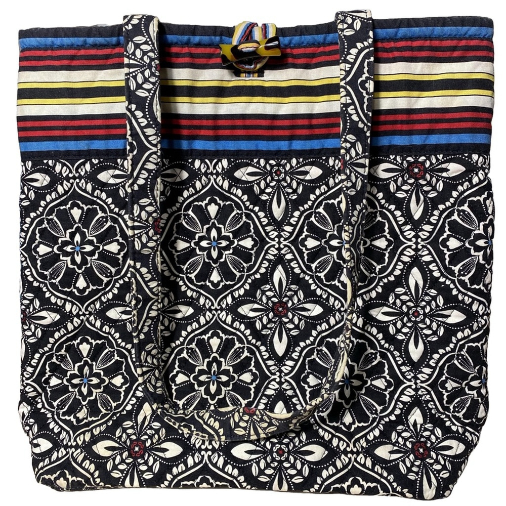 Vera Bradley Black & White Floral Nautical Striped Tote With Toggle